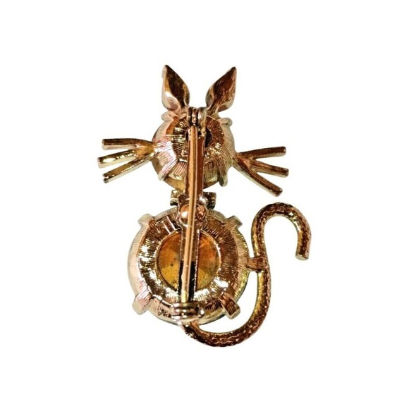Vintage Rhinestone Kitty Cat Pin Brooch Aqua Pink Goldtone Body - Picture 2 of 5
